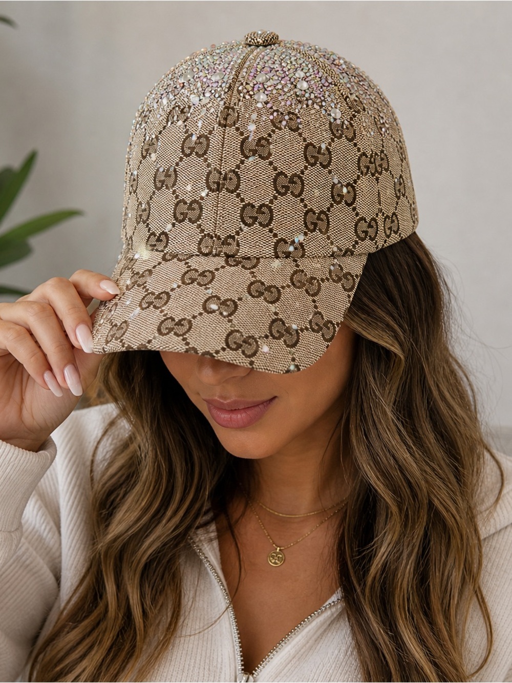 Crystal Embellished GG Monogram Brown Canvas Baseball Cap Hat Bling